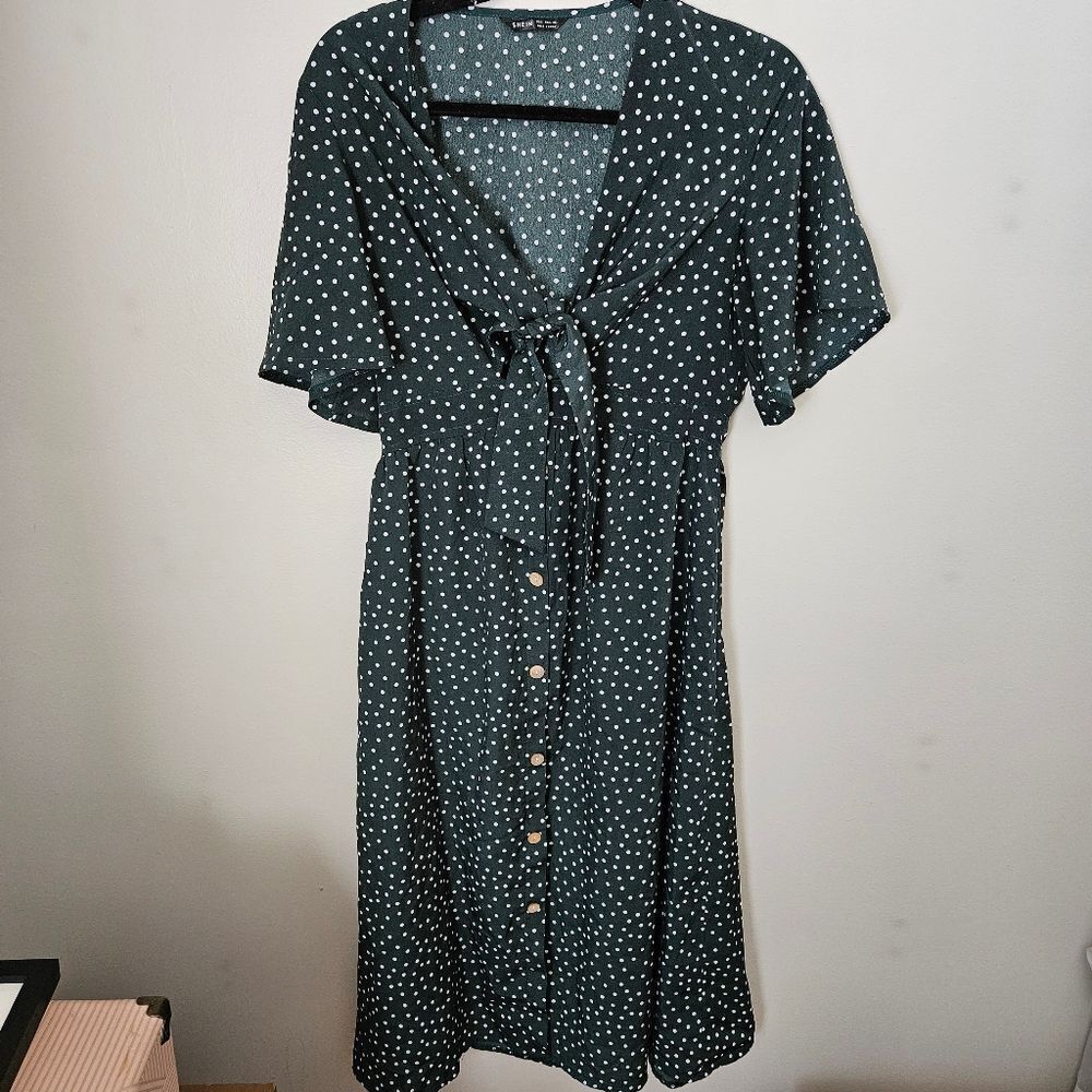 SHEIN Dress Maxi Tie Front Polka Dot Print Green White Buttons Casual Neutral